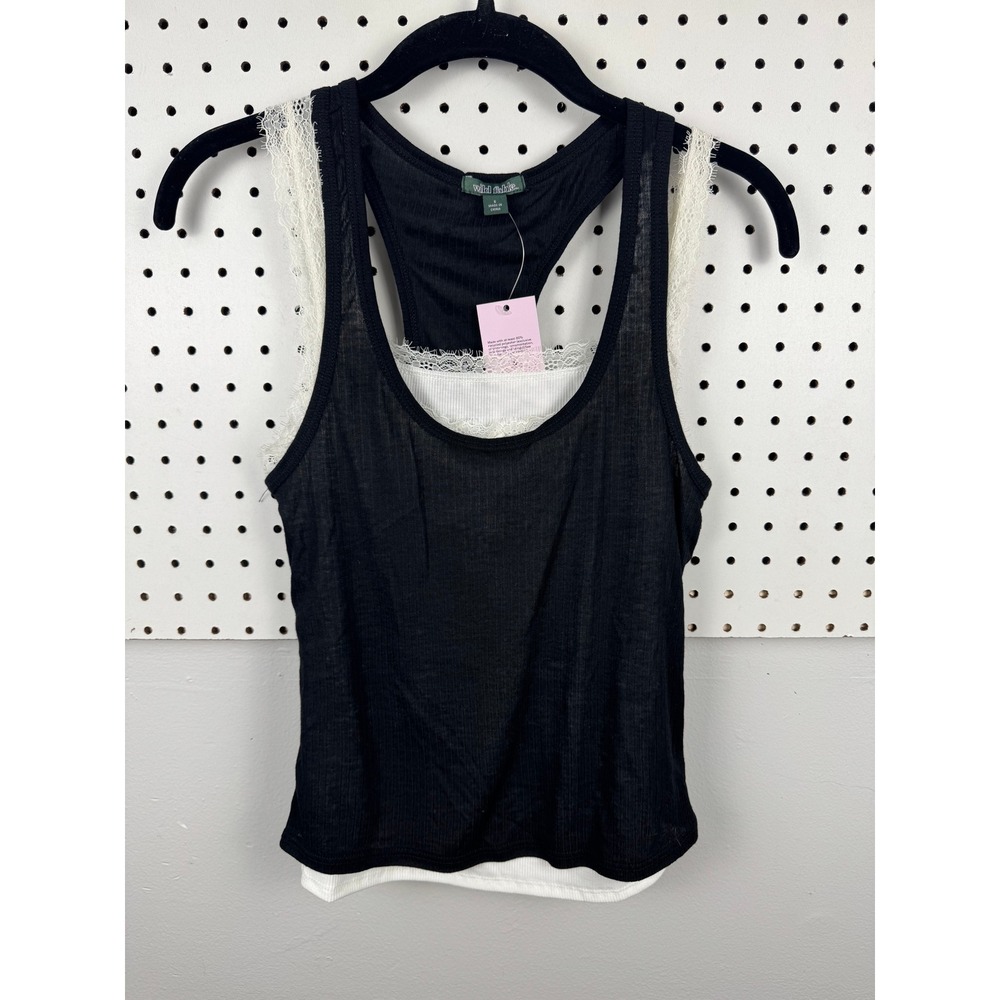 Wild Fable Black and White Layered Lace Trim Tank Top Set Small NWT